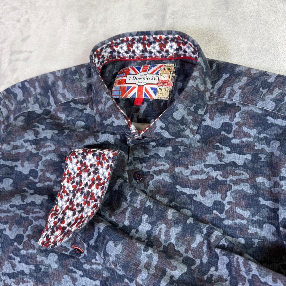 7 Downie St. Button Down Shirt Mens 5 (Large) Blue Camo Long Sleeve Floral Trim